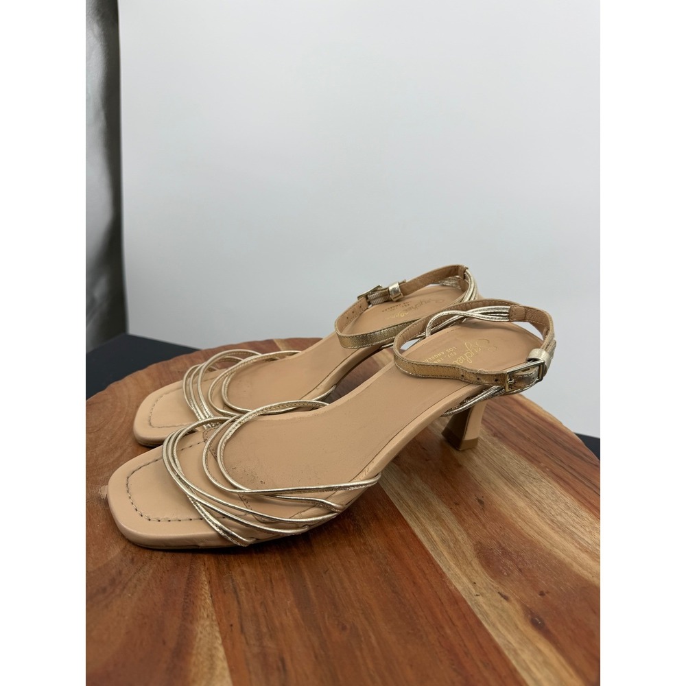 Seychelles starboard Strappy Sandals 8.5 Gold Tan Square Toe Kitten Heel Buckle - Picture 5 of 9